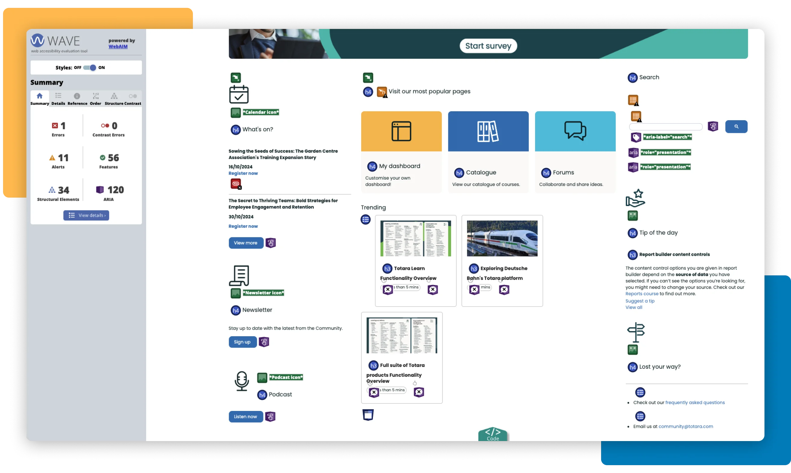 Página de inicio de la Comunidad Totara vista con la extensión de navegador WAVE
