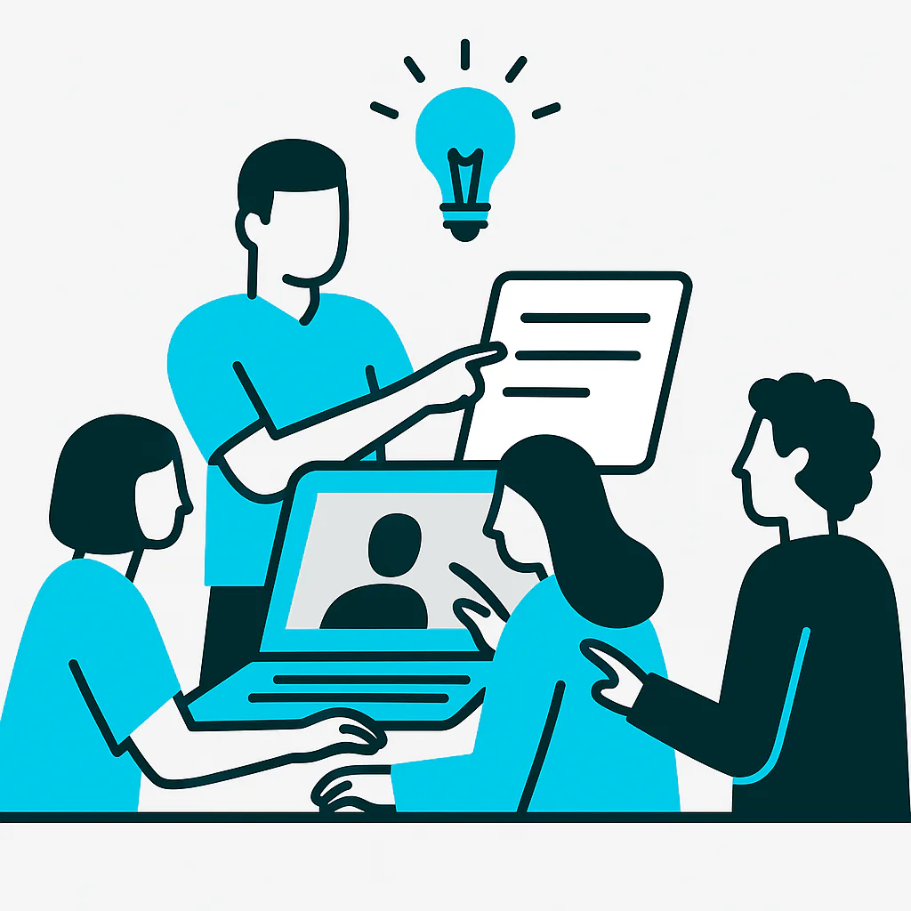 A group of employees working together and collaborating 