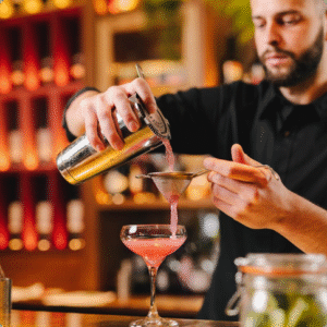 Bartender pouring a cocktail through a strainer into a glass