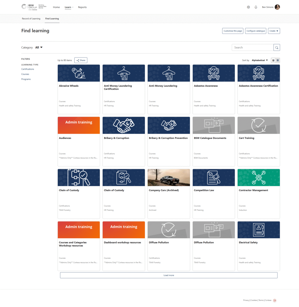 A Find Learning page on BSW's Totara LMS site showing different courses and learning resources.