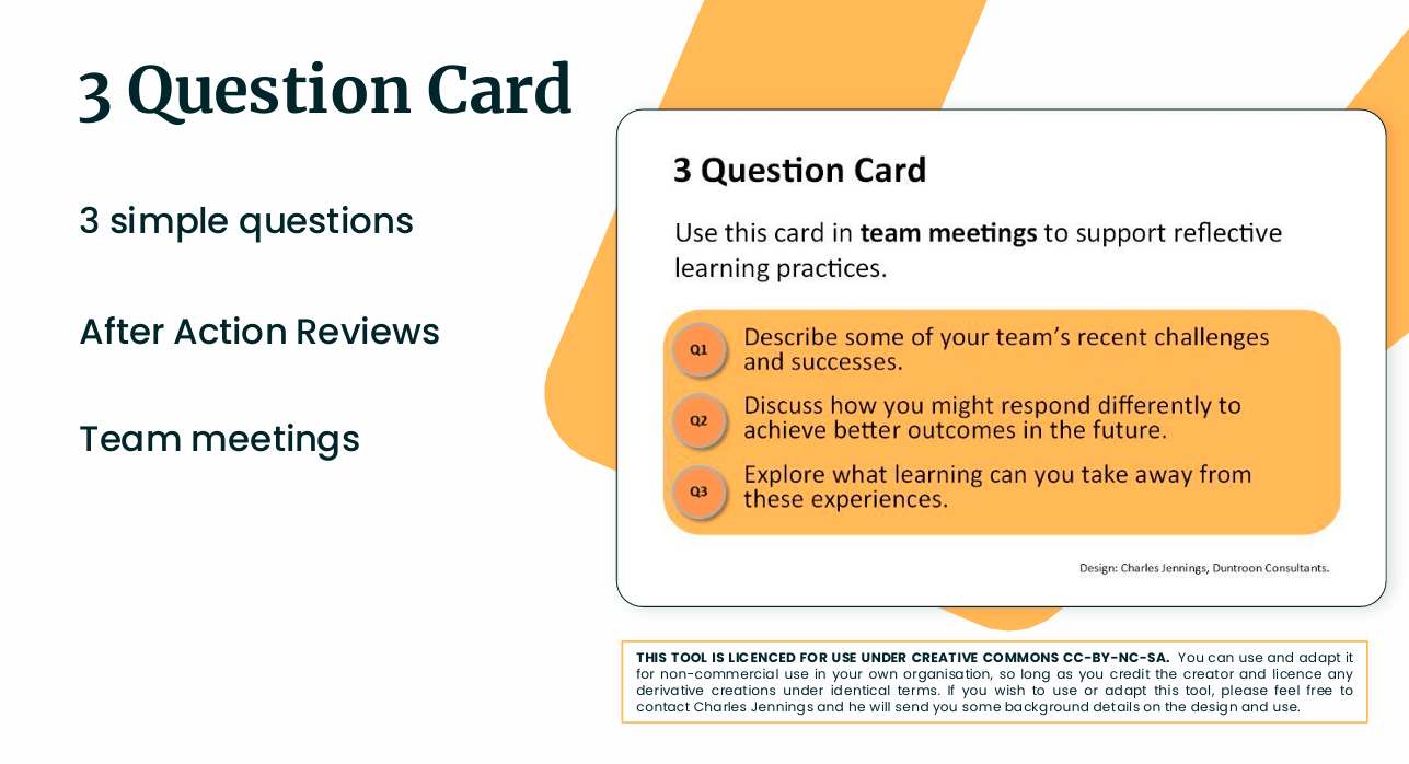 Image of Charles Jennings’ Three Question Card with prompts for team reflection on challenges, improvements and learning.