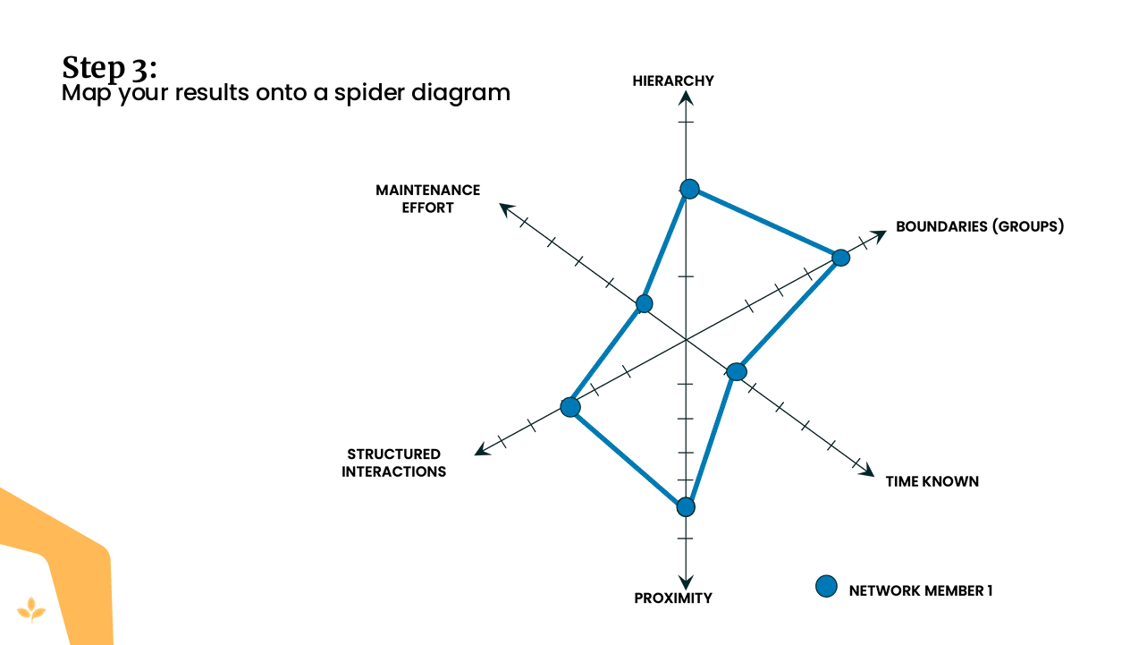 Example of a spider-web diagram comparing the diversity and strength of learning networks across multiple attributes.