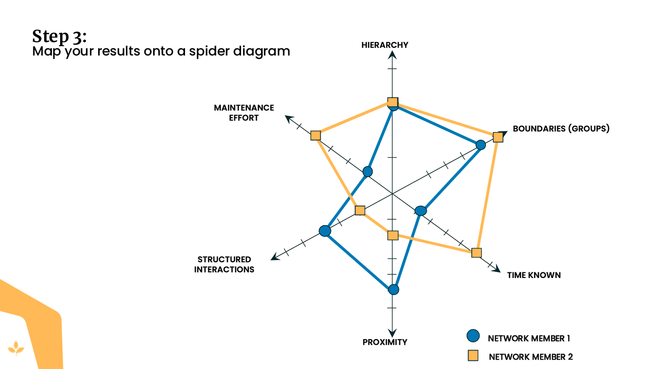 Example of a spider-web diagram comparing the diversity and strength of learning networks across multiple attributes.
