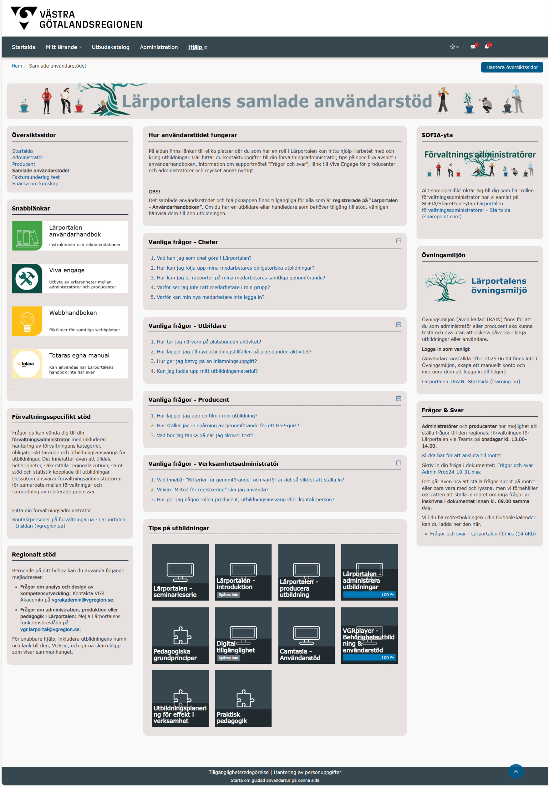 Help page of Västra Götalandsregionen (VGR) LMS